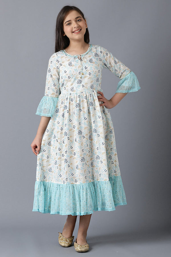 Girls White Cotton Printed Dress