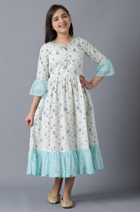 Girls White Cotton Printed Dress