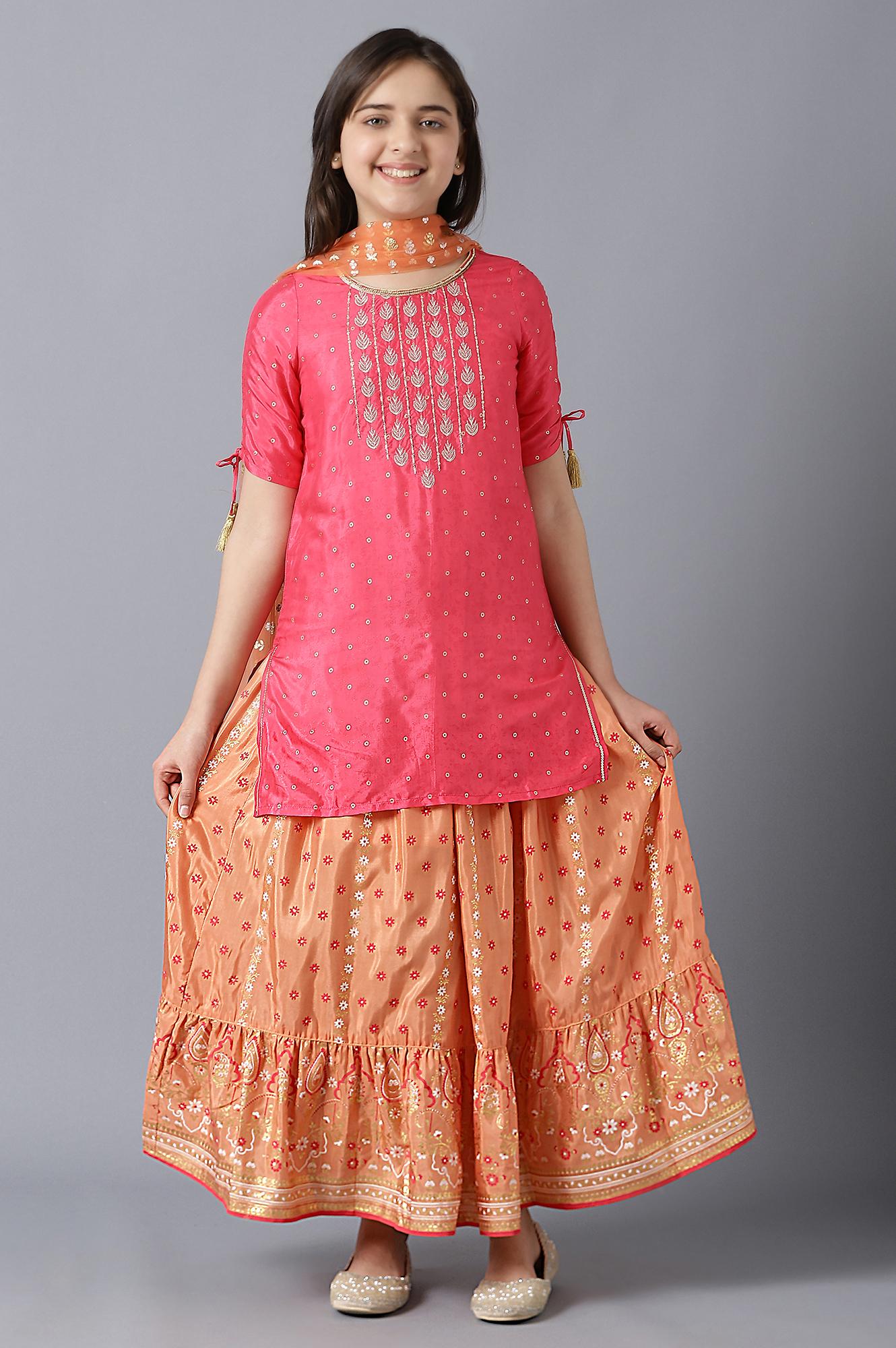 Girls Pink Printed Sequined kurta With Peach Palazzo And Dupatta