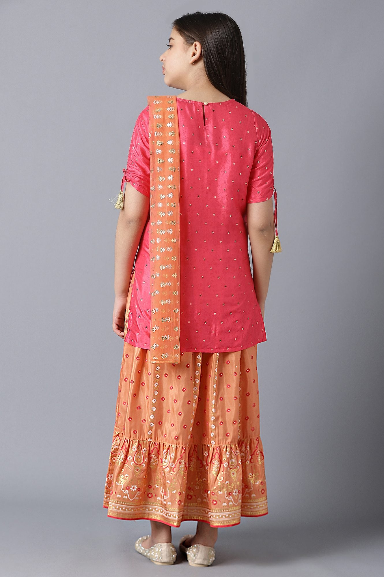 Girls Pink Printed Sequined kurta With Peach Palazzo And Dupatta