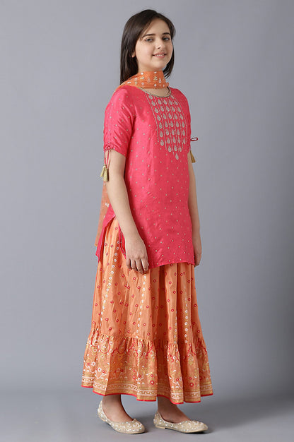 Girls Pink Printed Sequined kurta With Peach Palazzo And Dupatta