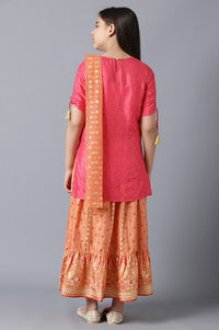 Girls Pink Printed Sequined kurta With Peach Palazzo And Dupatta