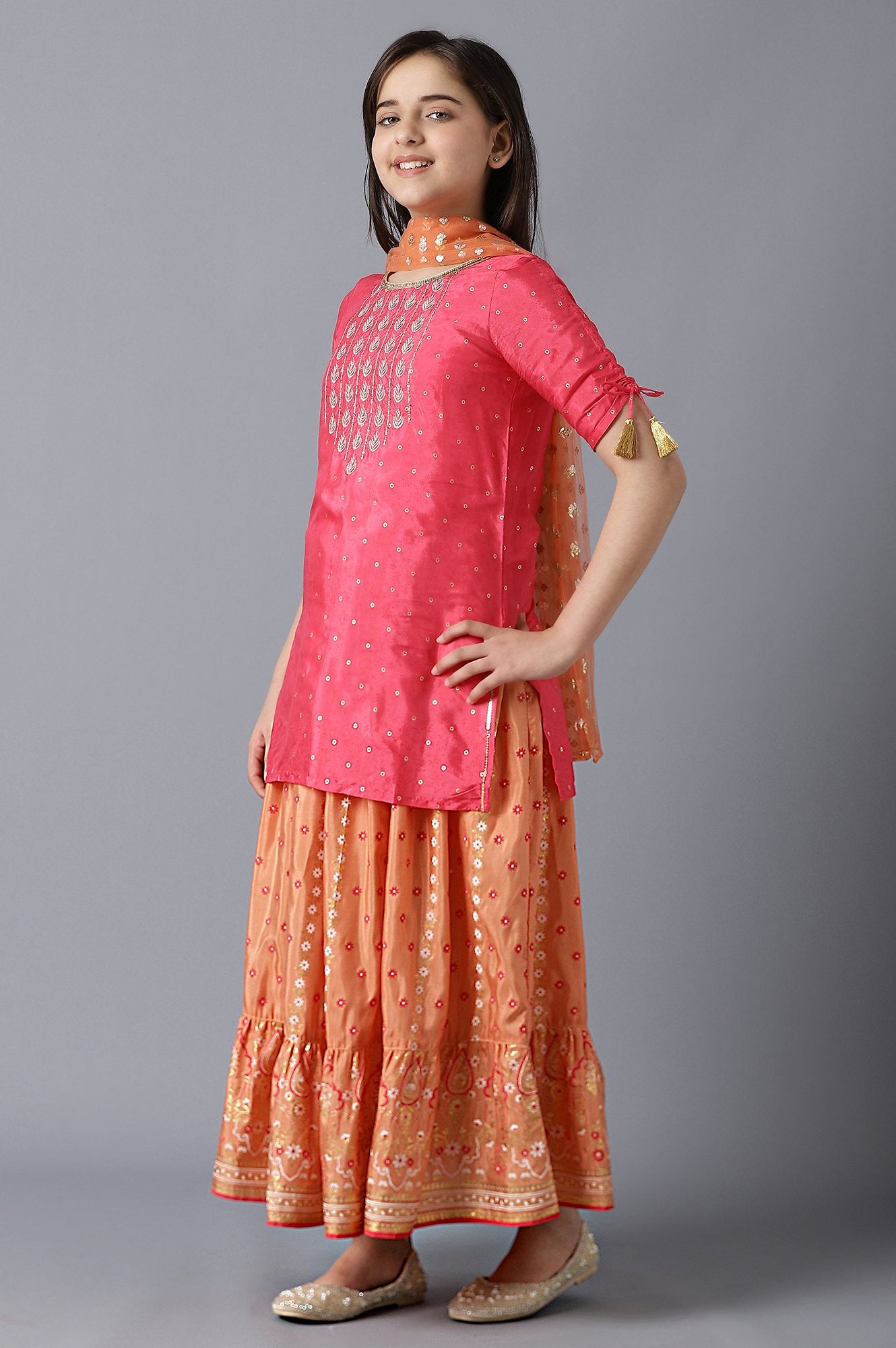 Girls Pink Printed Sequined kurta With Peach Palazzo And Dupatta