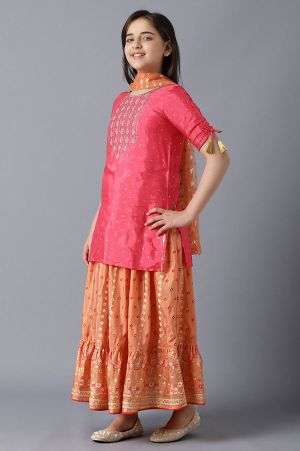 Girls Pink Printed Sequined kurta With Peach Palazzo And Dupatta