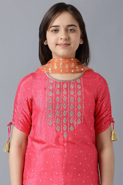 Girls Pink Printed Sequined kurta With Peach Palazzo And Dupatta