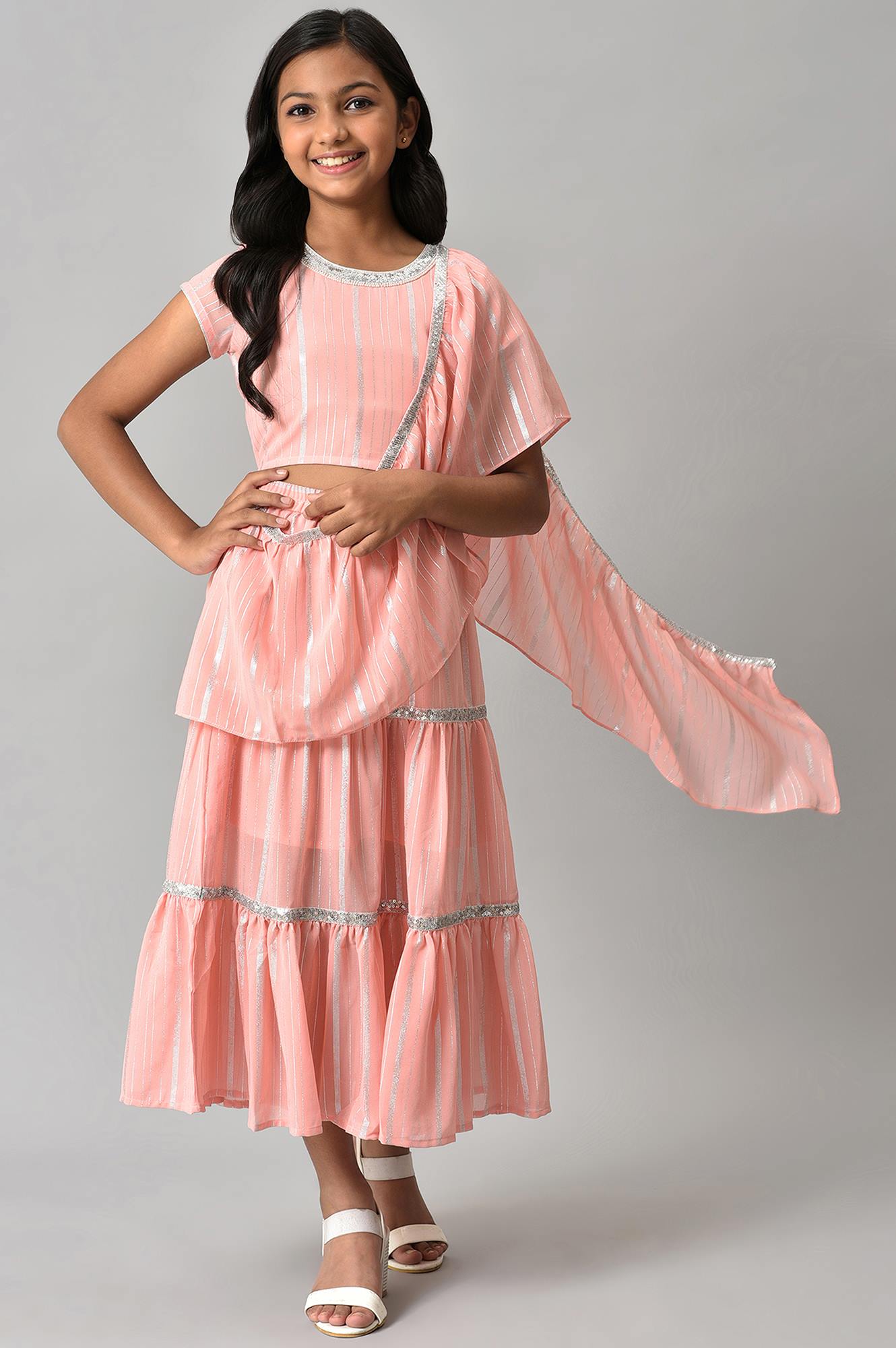 Girls Pink Round Neck kurta With Skirt And Dupatta