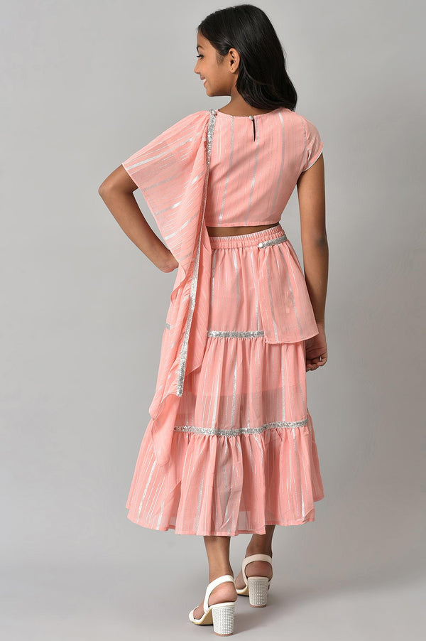 Girls Pink Round Neck kurta With Skirt And Dupatta
