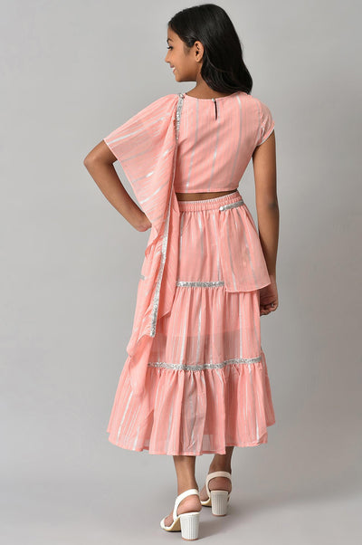 Girls Pink Round Neck kurta With Skirt And Dupatta