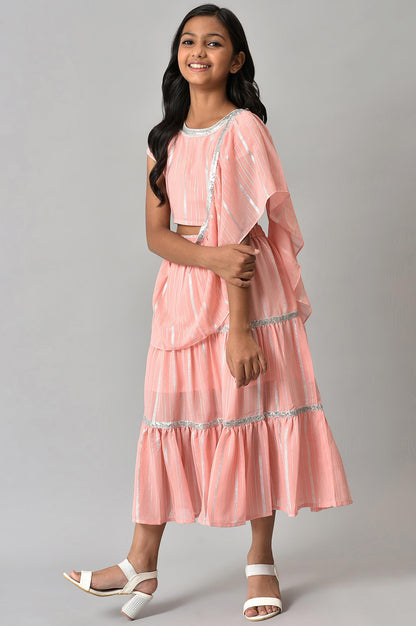 Girls Pink Round Neck kurta With Skirt And Dupatta