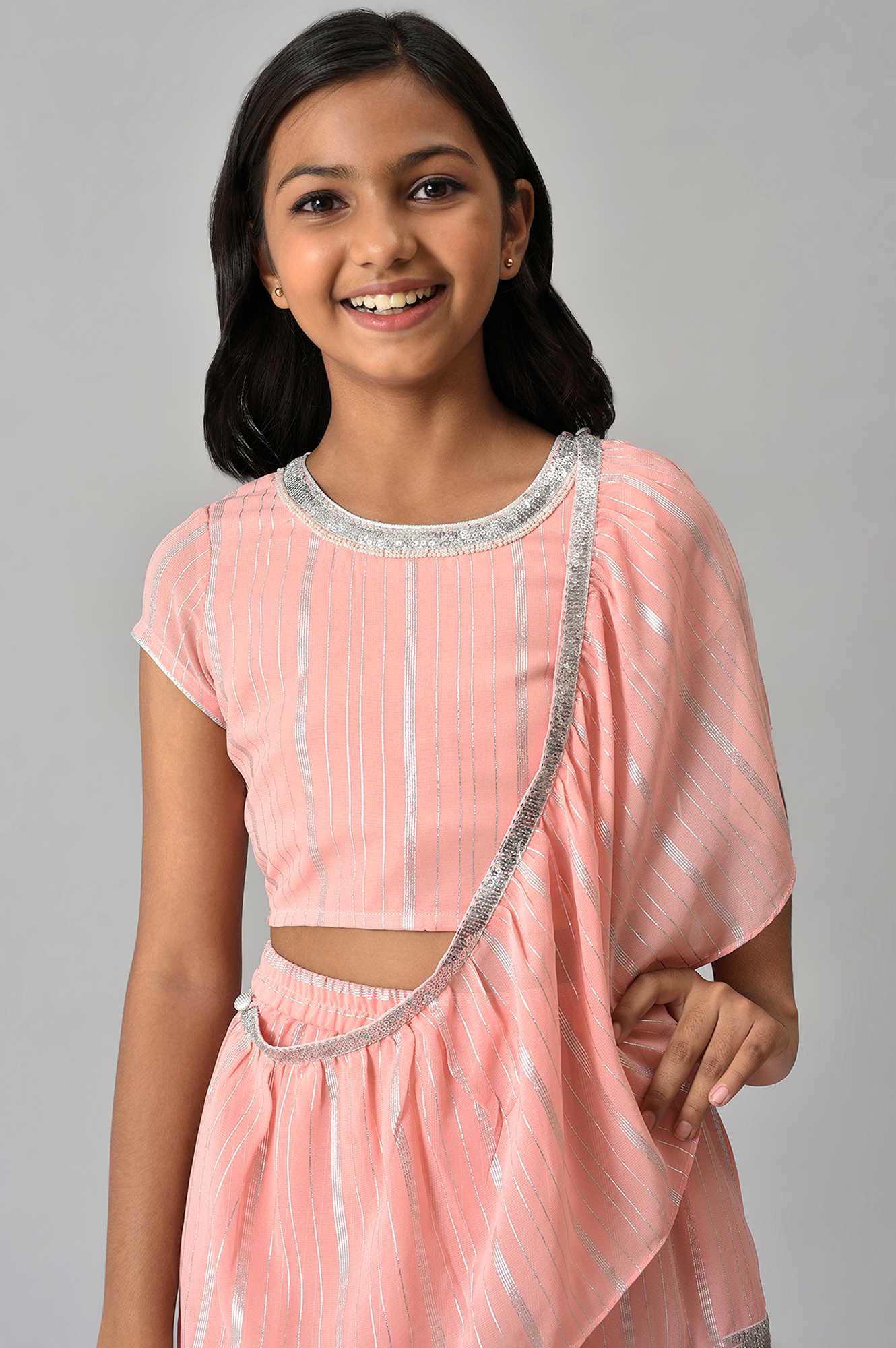 Girls Pink Round Neck kurta With Skirt And Dupatta