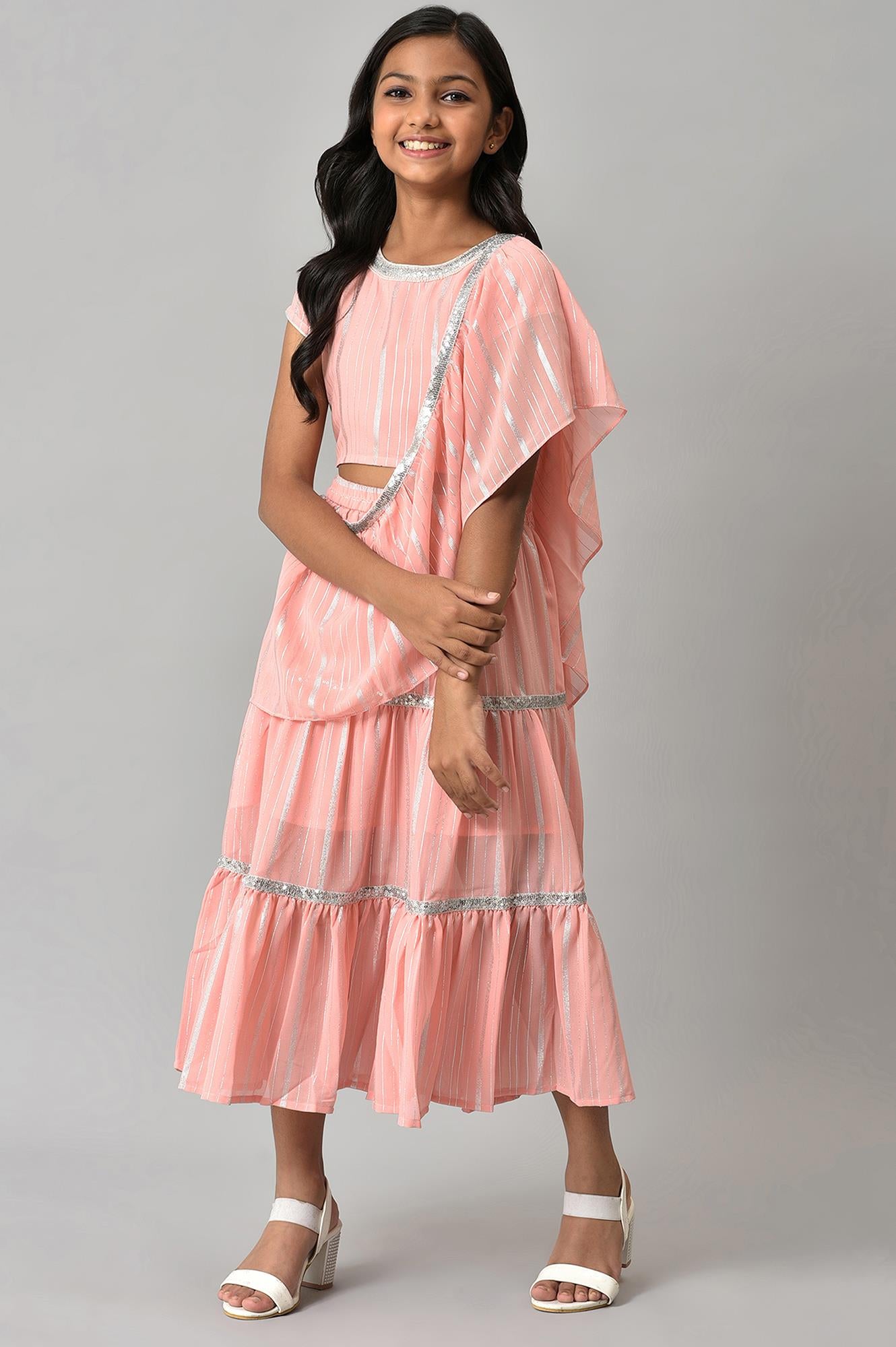 Girls Pink Round Neck kurta With Skirt And Dupatta