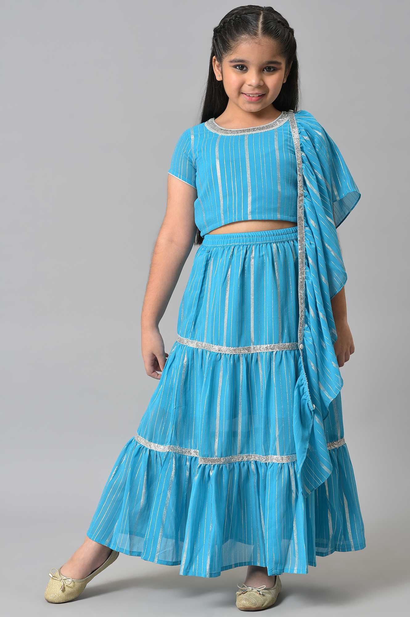 Girls Blue Round Neck kurta With Skirt And Dupatta