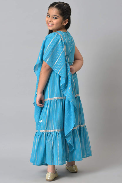 Girls Blue Round Neck kurta With Skirt And Dupatta