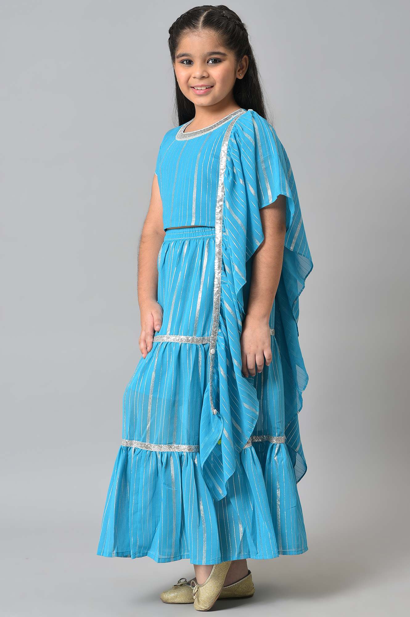 Girls Blue Round Neck kurta With Skirt And Dupatta