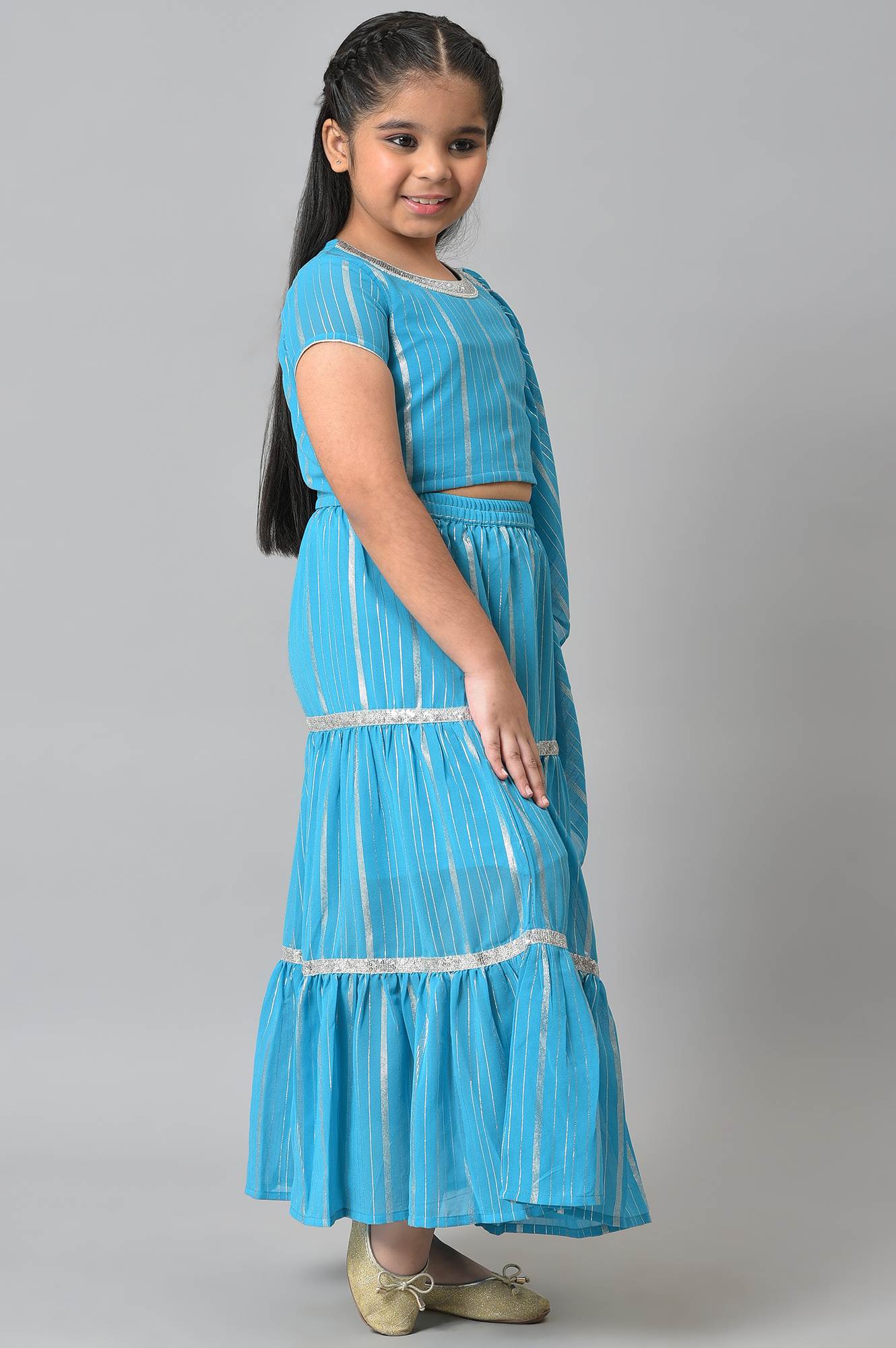 Girls Blue Round Neck kurta With Skirt And Dupatta