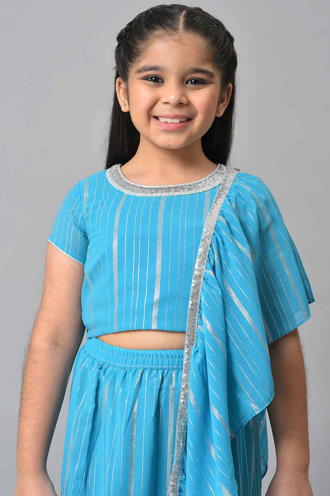 Girls Blue Round Neck kurta With Skirt And Dupatta