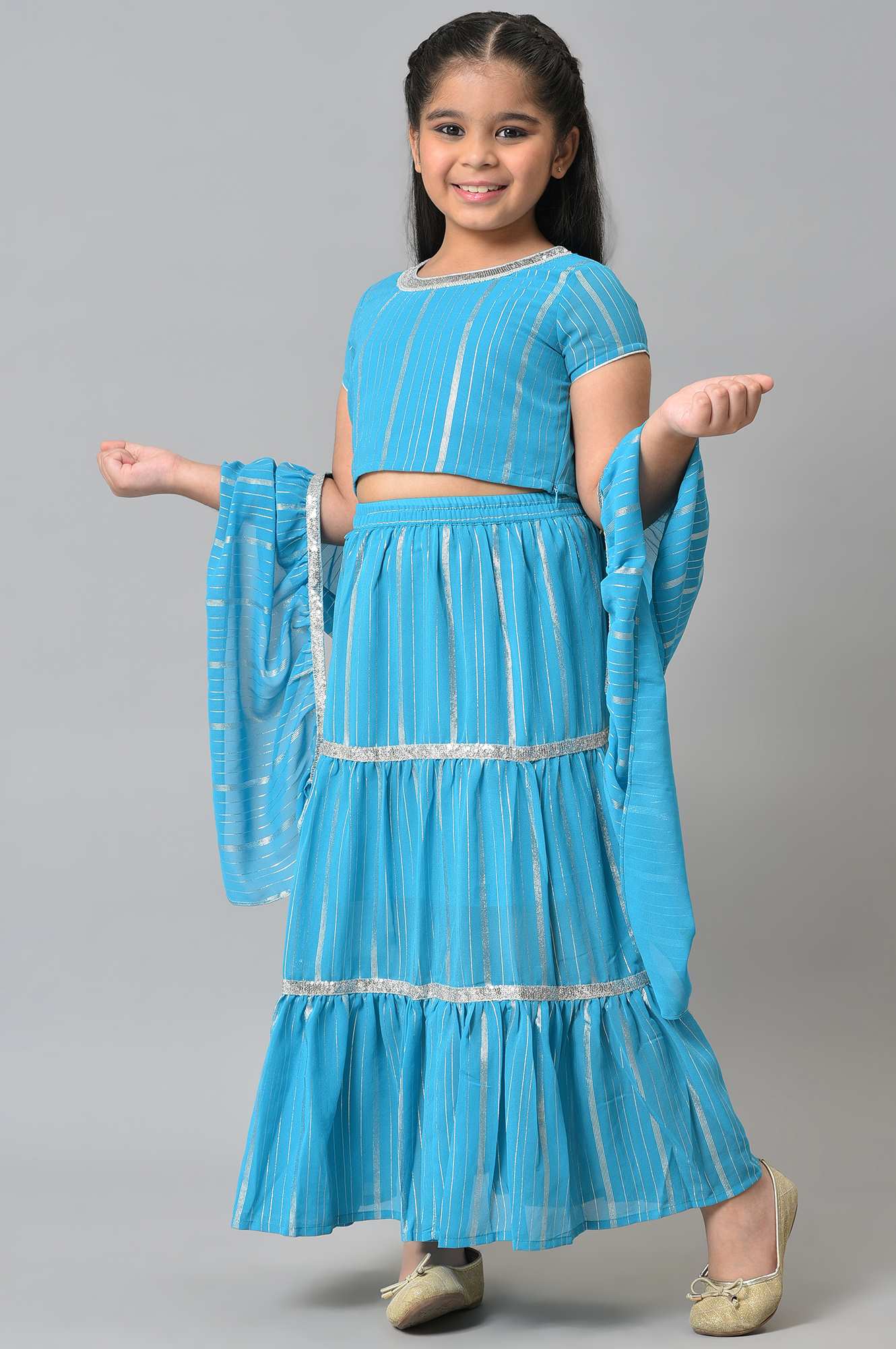 Girls Blue Round Neck kurta With Skirt And Dupatta