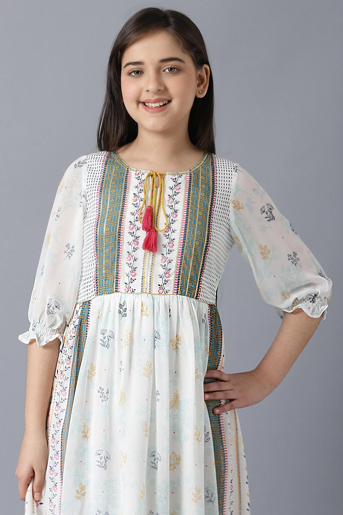 Girls White Georgette Printed Dress