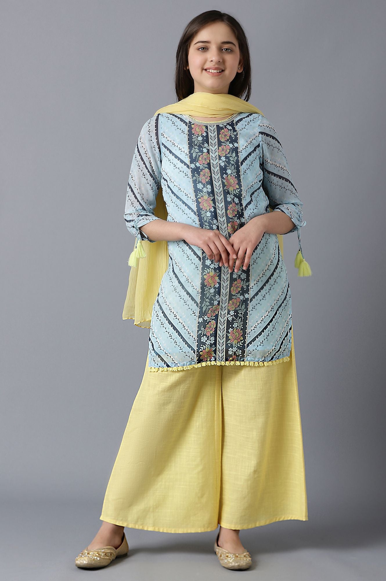 Girls Blue Printed Georgette kurta With Yellow Palazzo And Dupatta