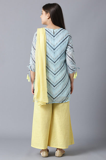 Girls Blue Printed Georgette kurta With Yellow Palazzo And Dupatta