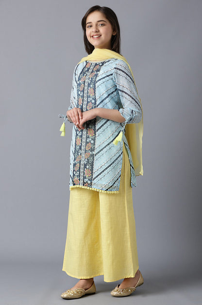 Girls Blue Printed Georgette kurta With Yellow Palazzo And Dupatta