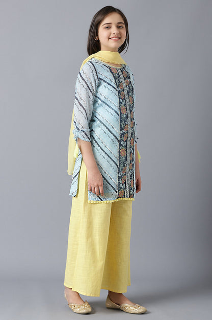 Girls Blue Printed Georgette kurta With Yellow Palazzo And Dupatta