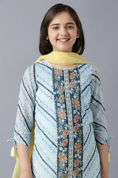 Girls Blue Printed Georgette kurta With Yellow Palazzo And Dupatta