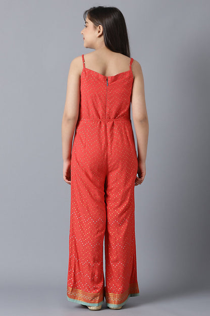 Girls Red Foil Printed Jumpsuit In Boat Neck