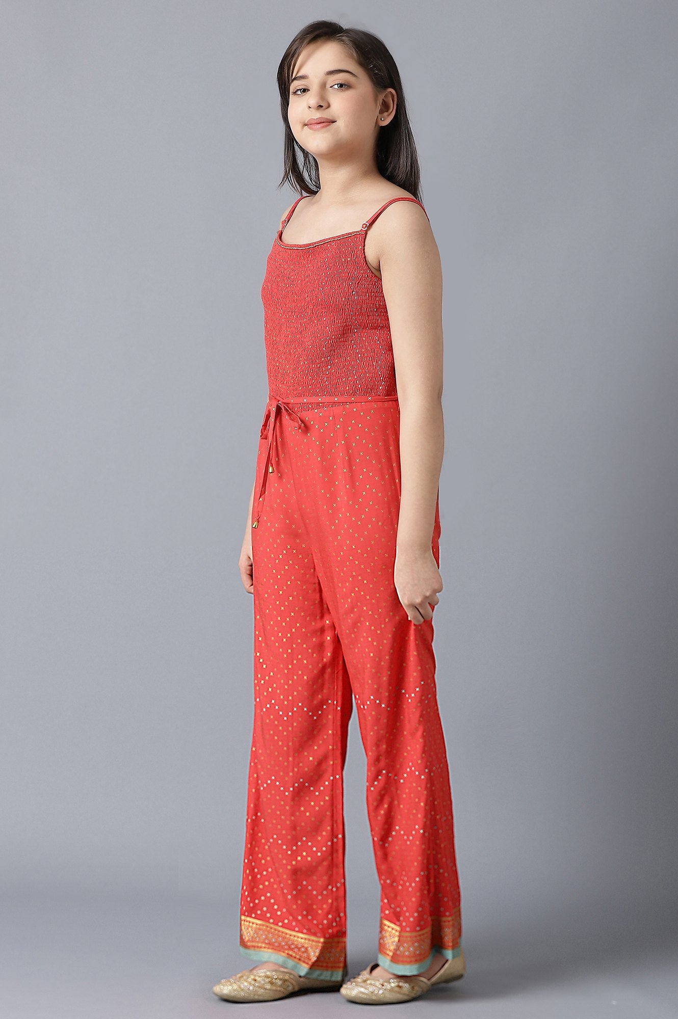 Girls Red Foil Printed Jumpsuit In Boat Neck