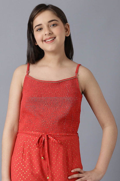 Girls Red Foil Printed Jumpsuit In Boat Neck