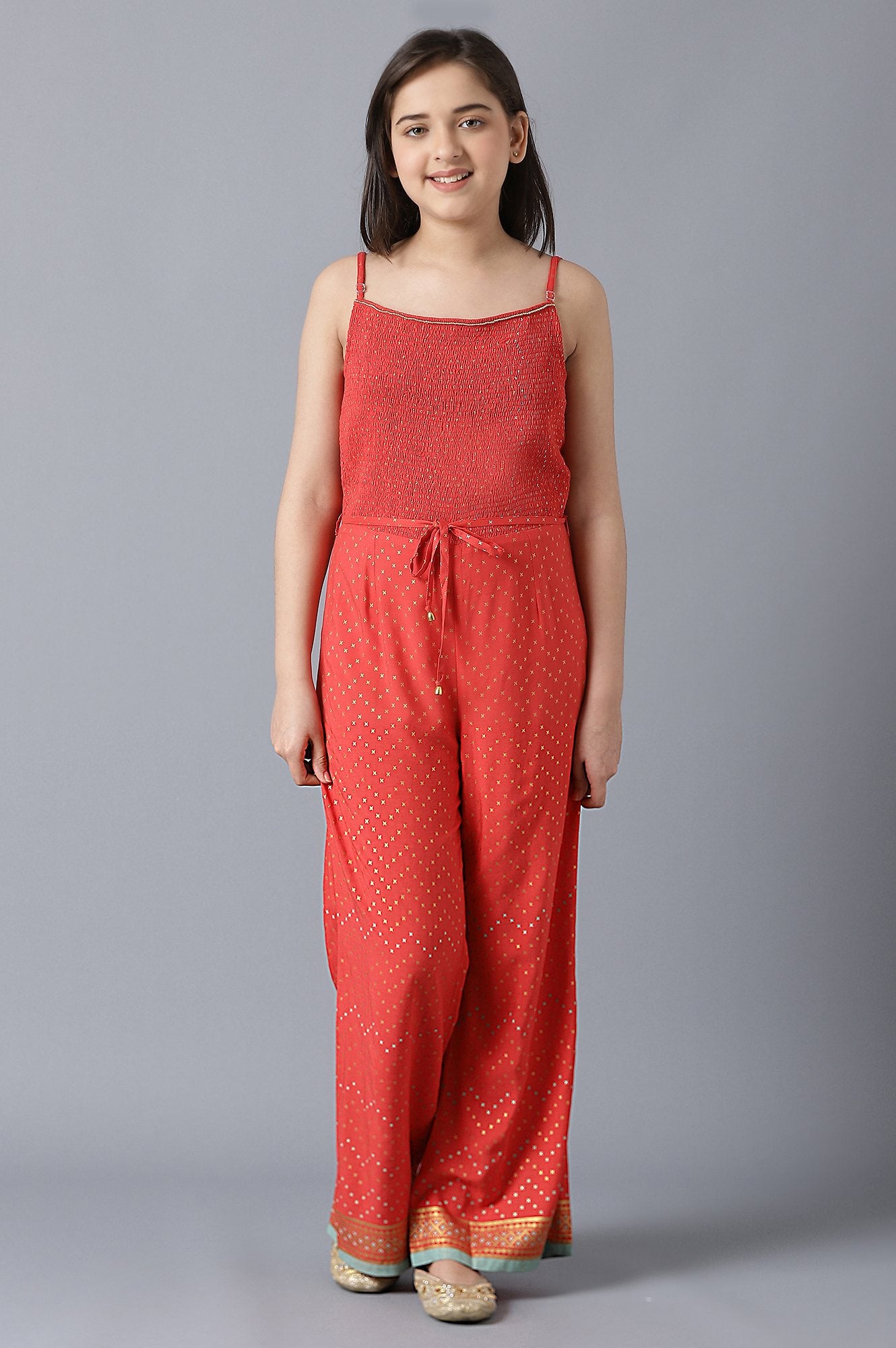 Girls Red Foil Printed Jumpsuit In Boat Neck