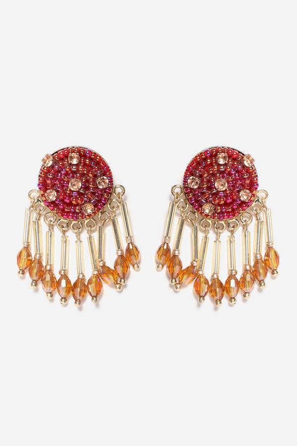 Red Beads Work Fine Beads Mounted Earrings