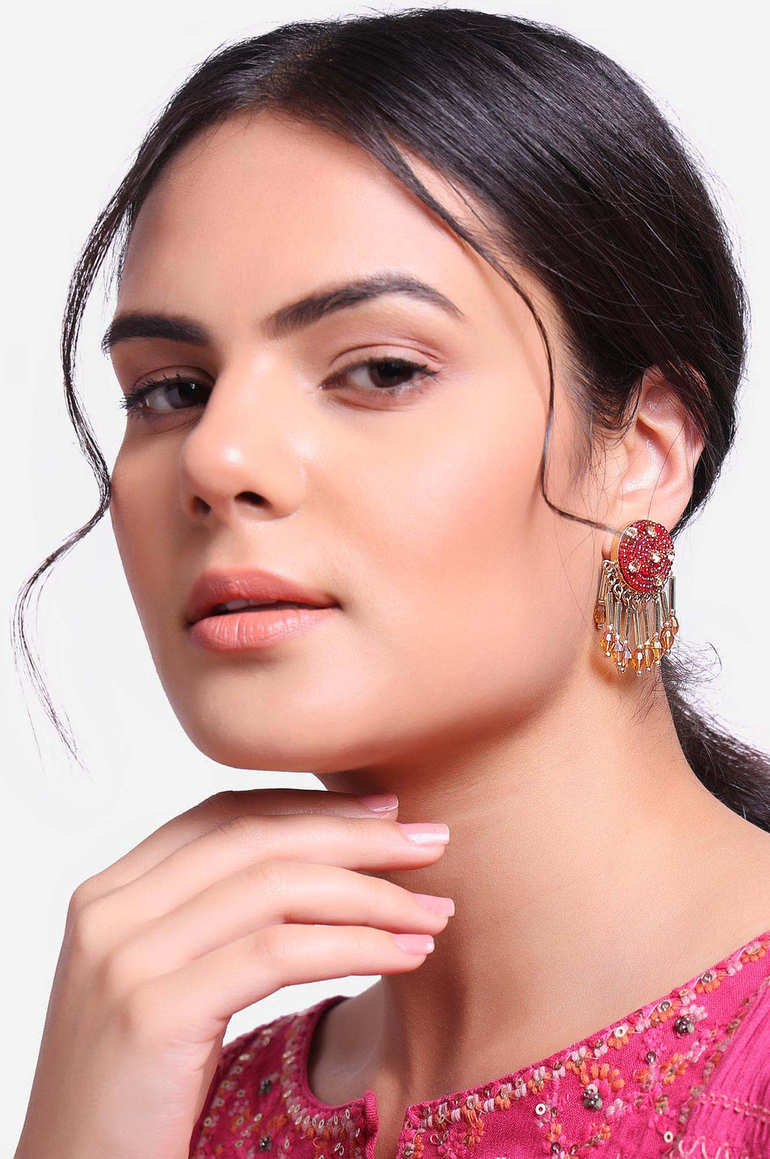 Red Beads Work Fine Beads Mounted Earrings