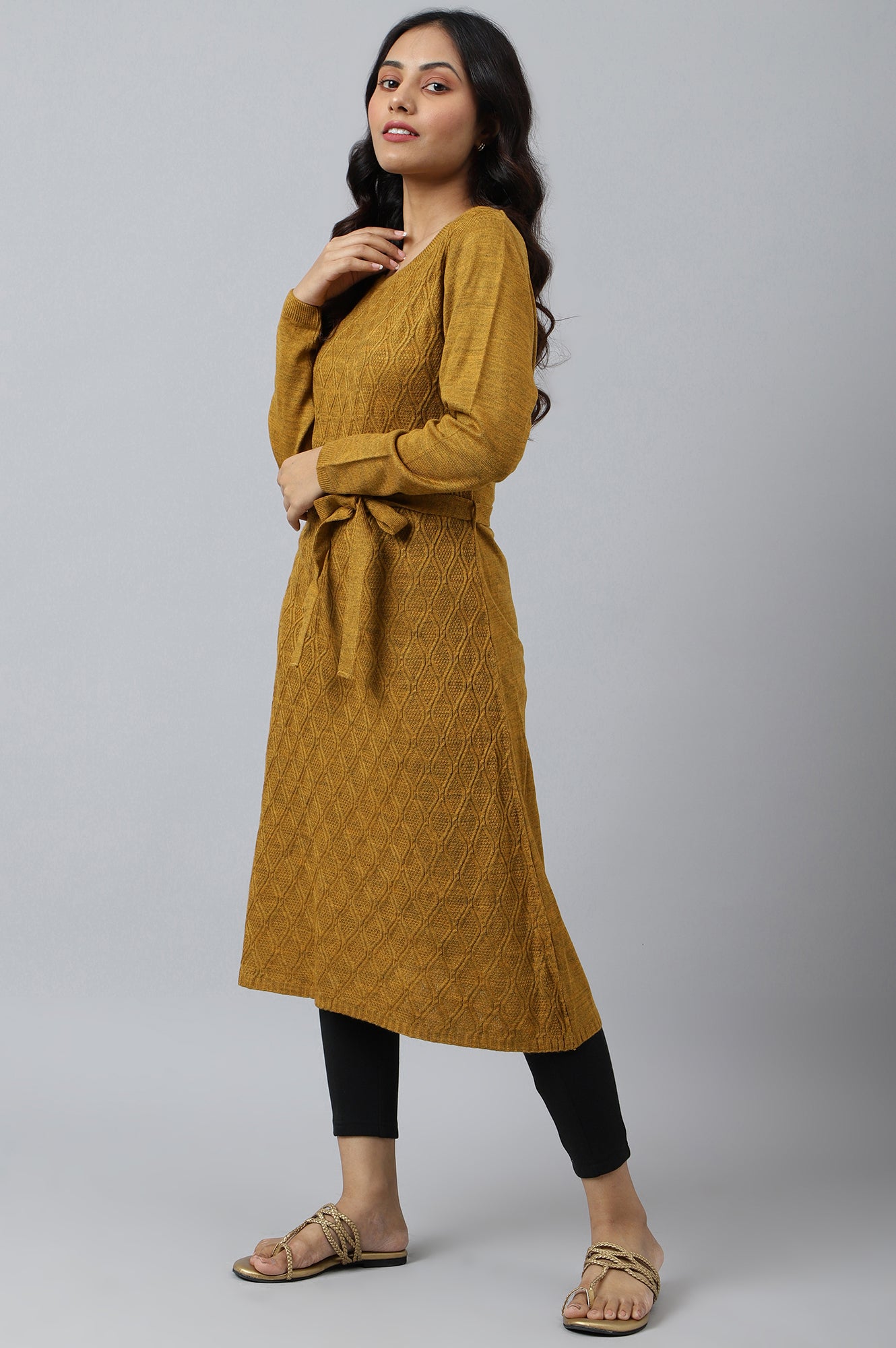 Yellow Yarn-Dyed Acrylic Plus Size Winter kurta