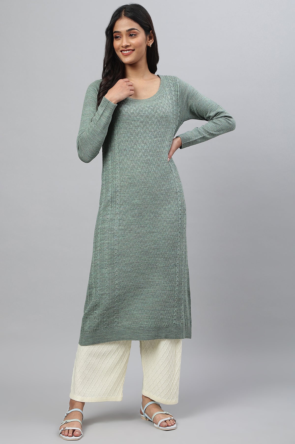 Light Green Knitted Straight Plus Size kurta - 3XL