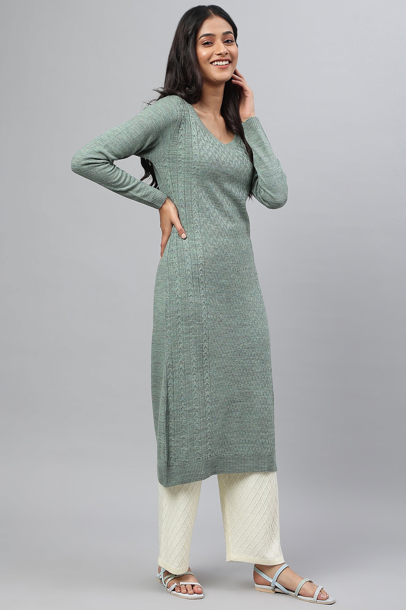 Light Green Knitted Straight Plus Size kurta