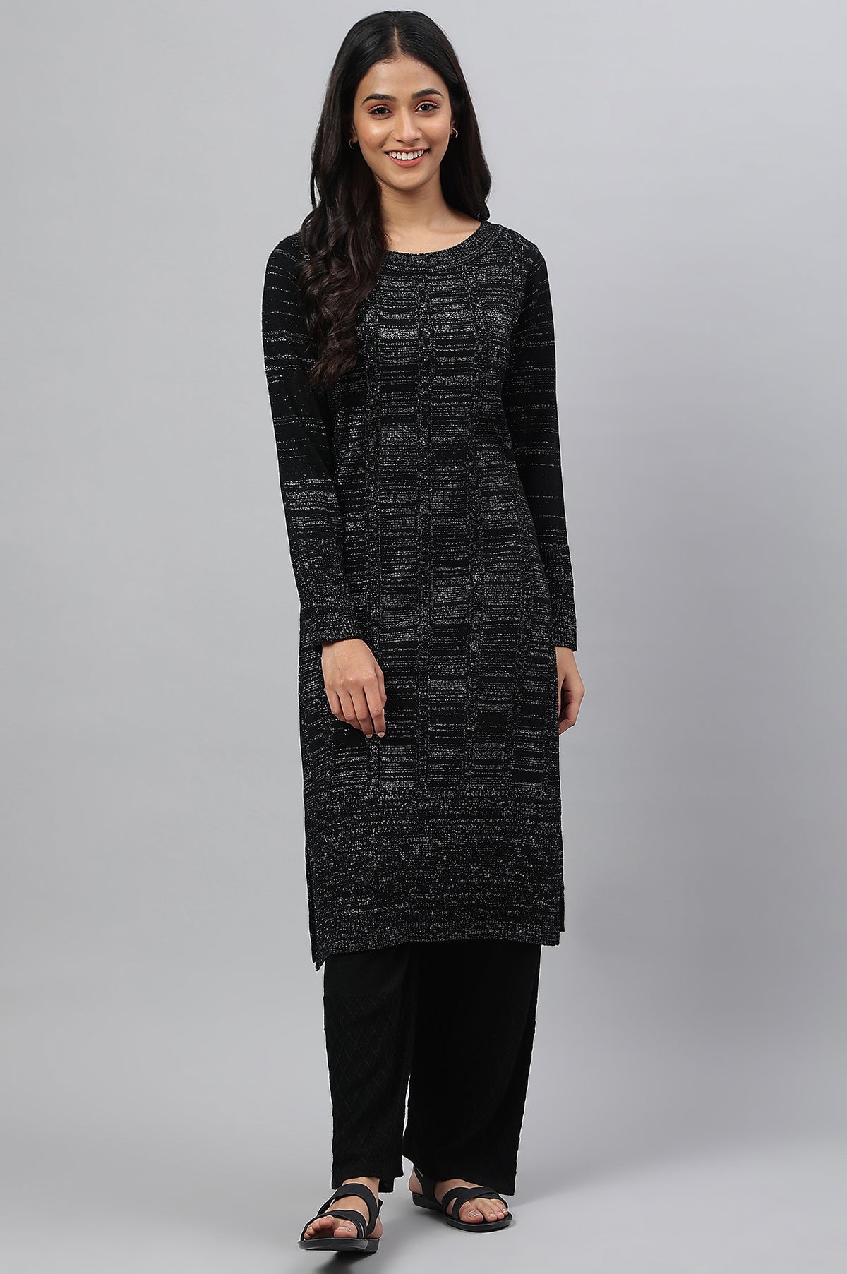 Black Lurex Knitted Winter kurta - XS