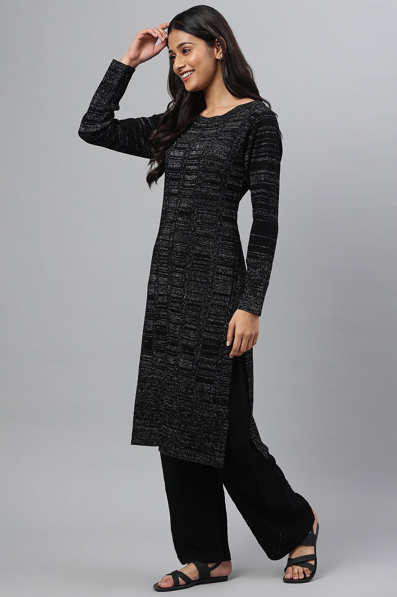 Black Lurex Knitted Winter kurta