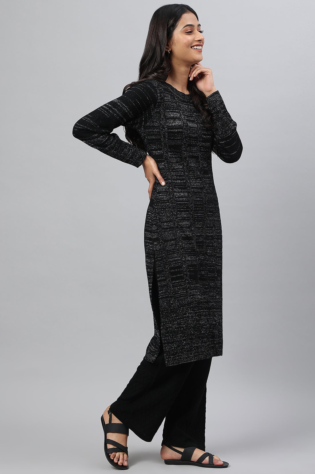 Black Lurex Knitted Plus Size Winter kurta