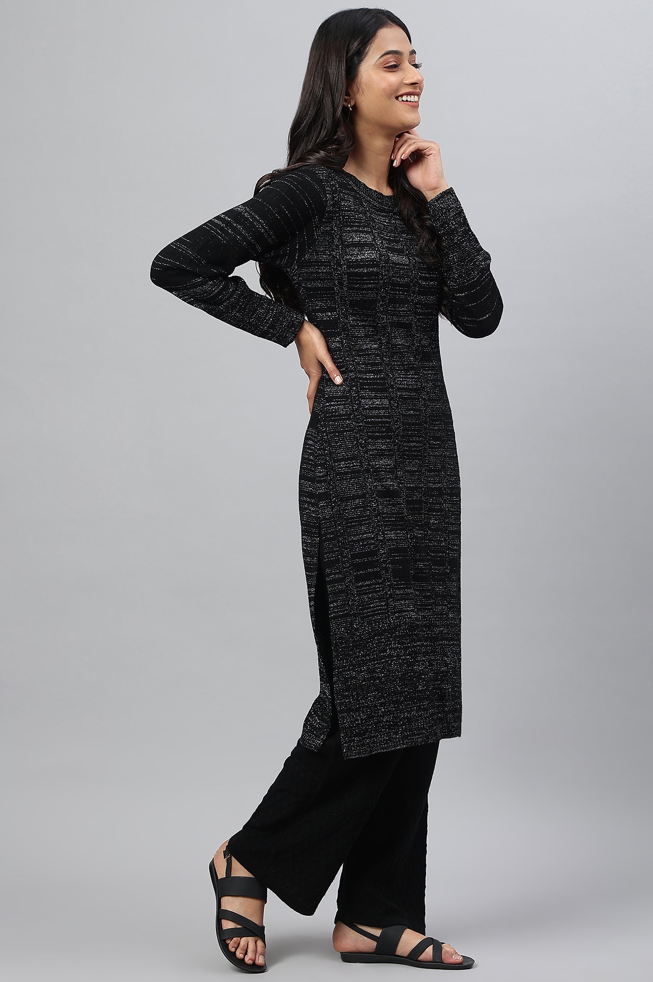 Black Lurex Knitted Winter kurta