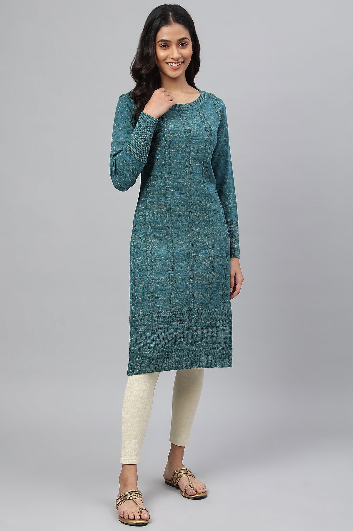 Gold Lurex Knitted Winter kurta - XS