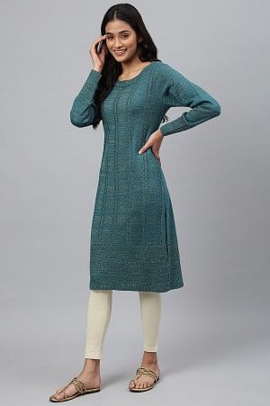 Green Lurex Knitted Plus Size Winter kurta