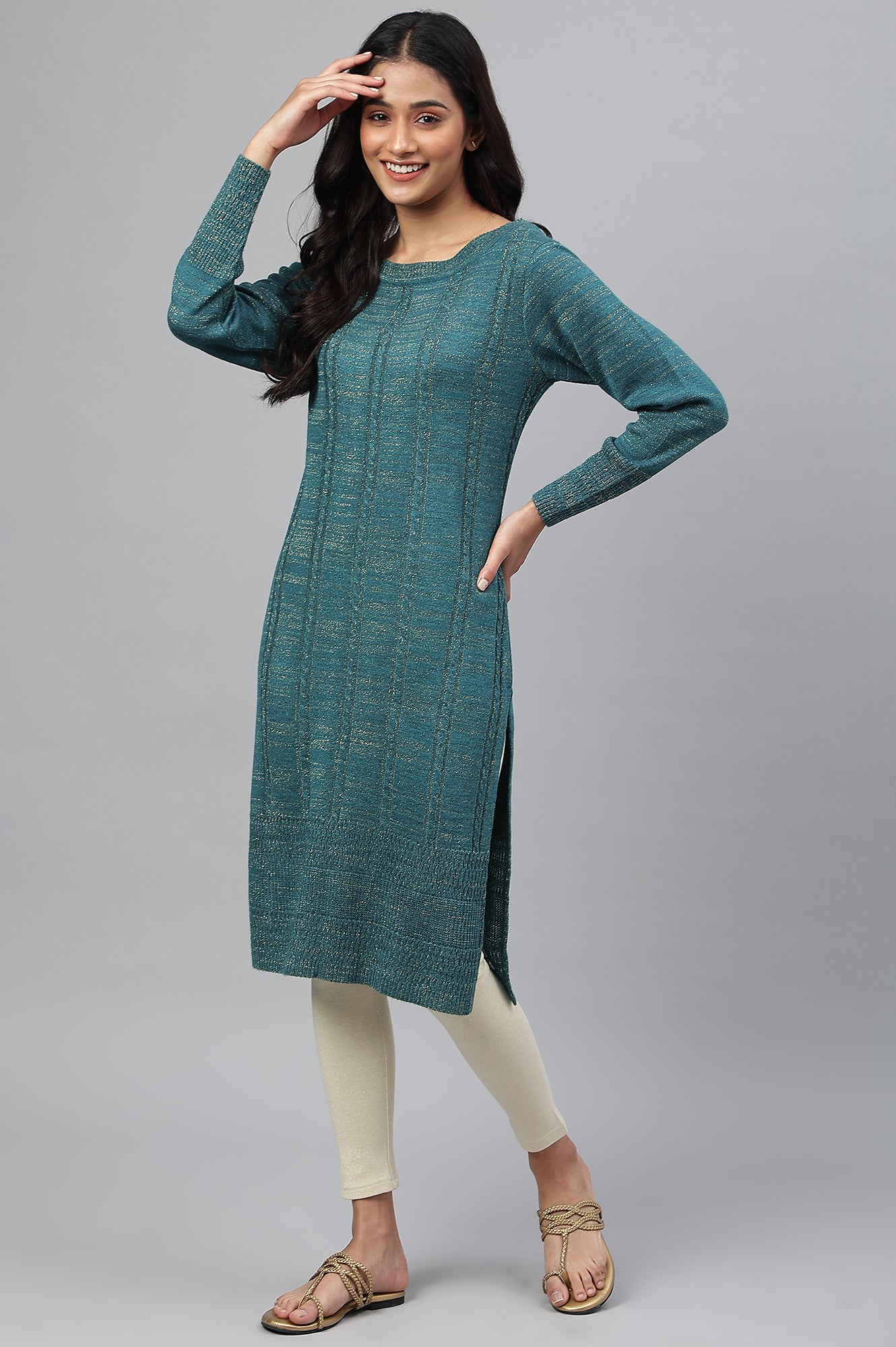 Gold Lurex Knitted Plus Size Winter kurta