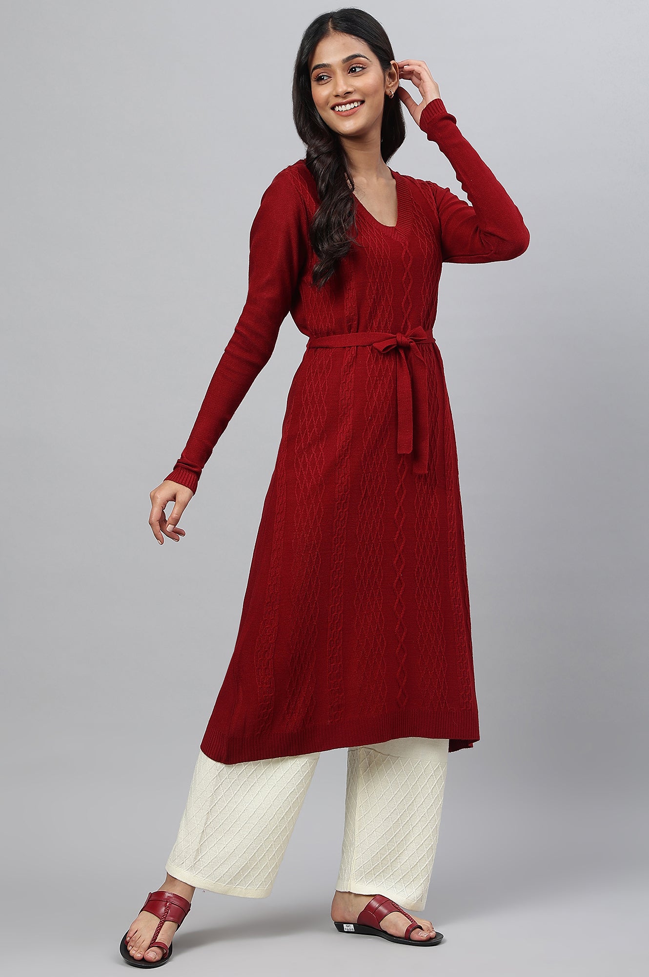 Red A-Line Plus Size Winter kurta With Belt