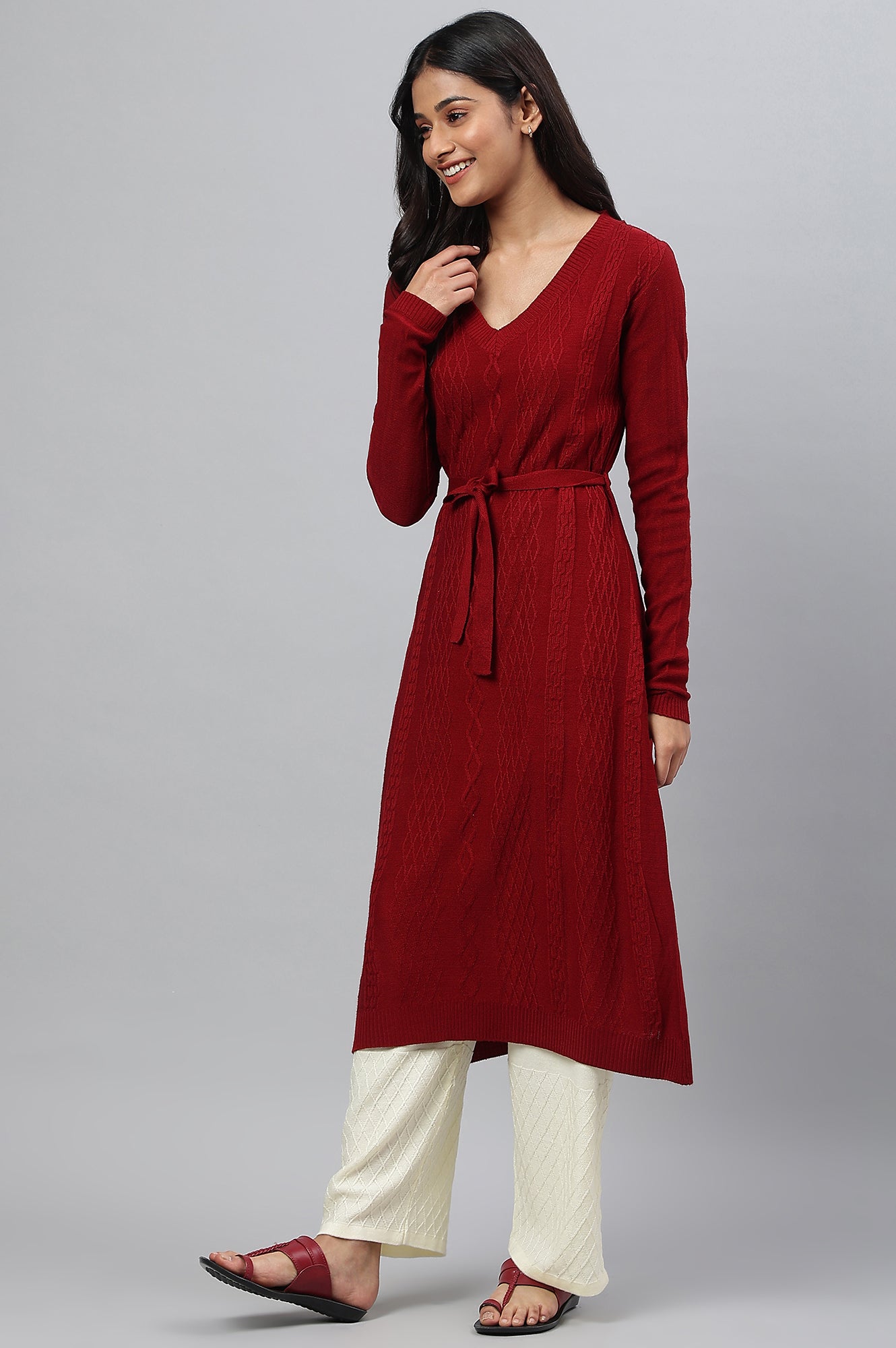 Red A-Line Plus Size Winter kurta With Belt