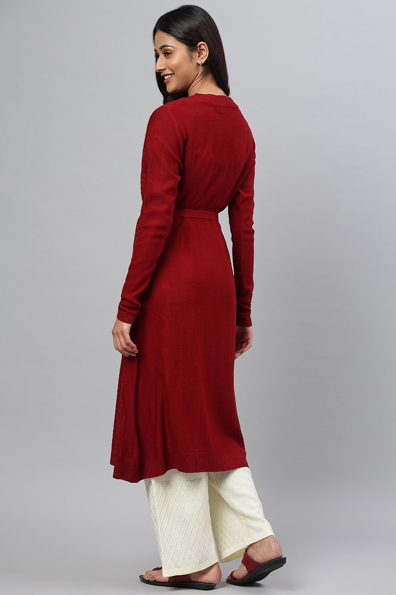 Red A-Line Plus Size Winter kurta With Belt