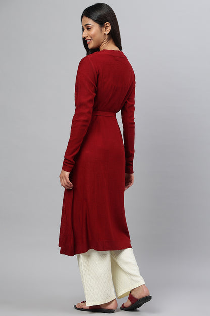 Red A-line Winter kurta with Belt