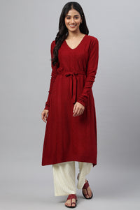 Red A-Line Plus Size Winter kurta With Belt