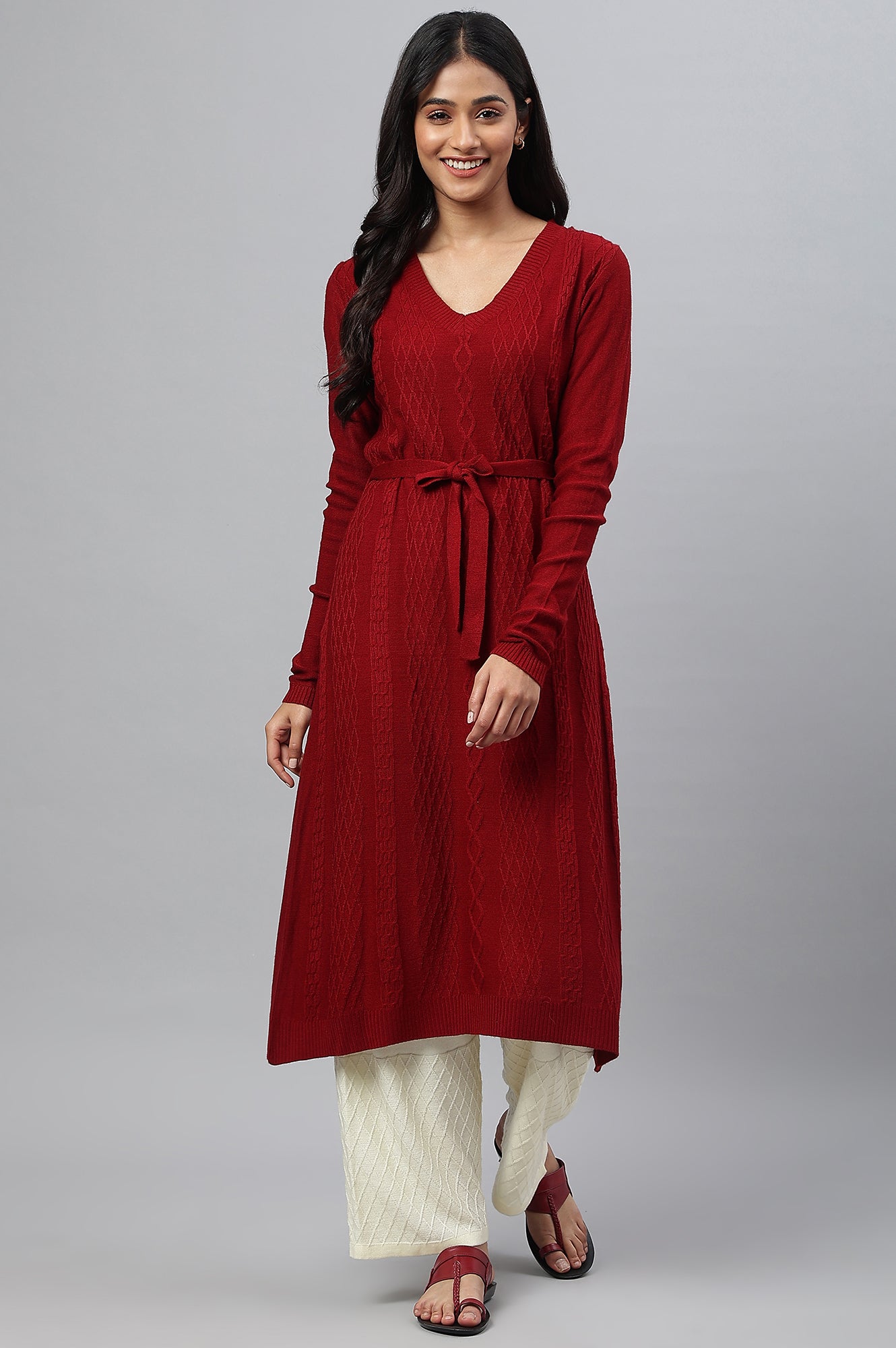 Red A-Line Plus Size Winter kurta With Belt