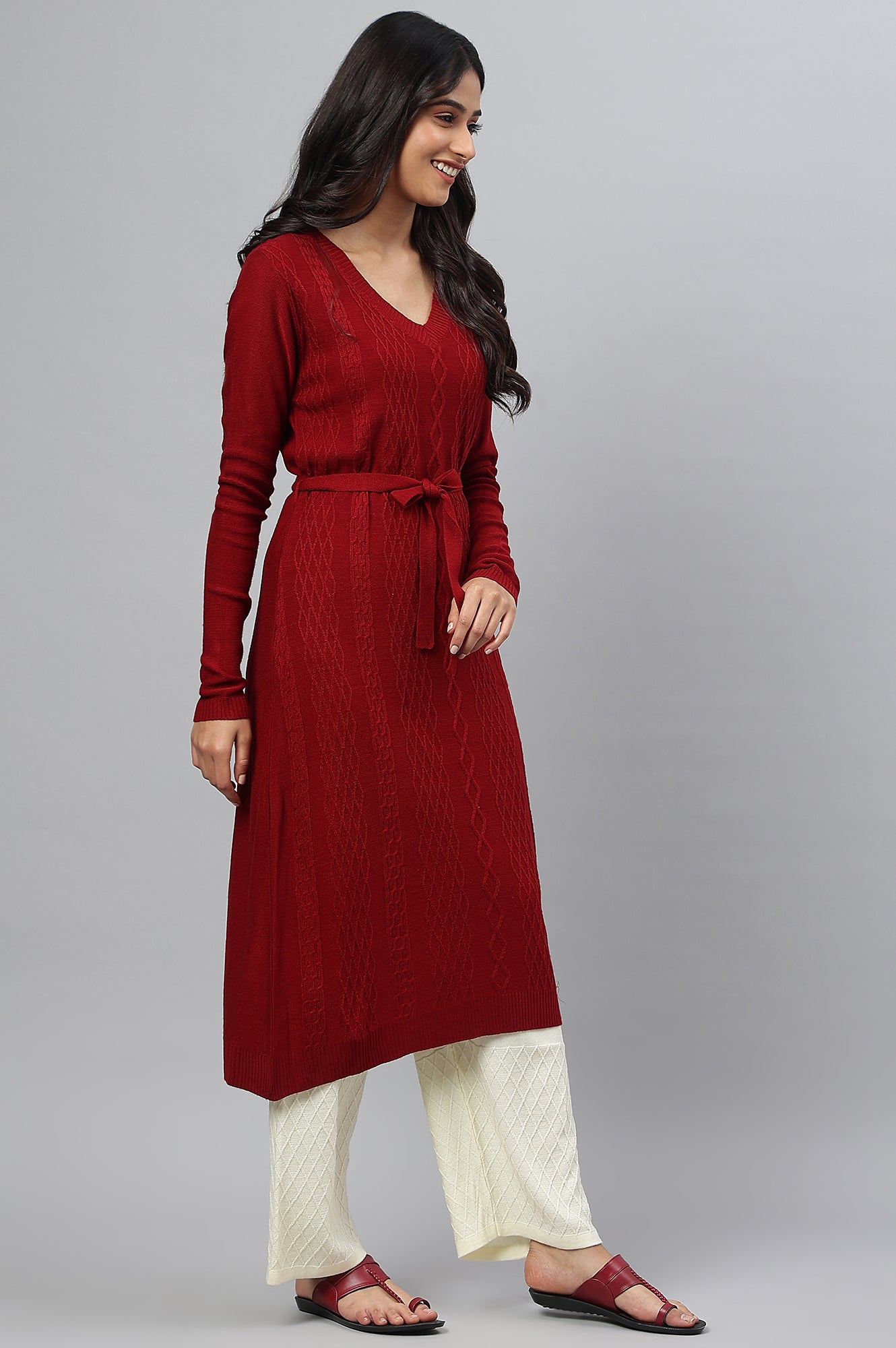 Red A-Line Plus Size Winter kurta With Belt